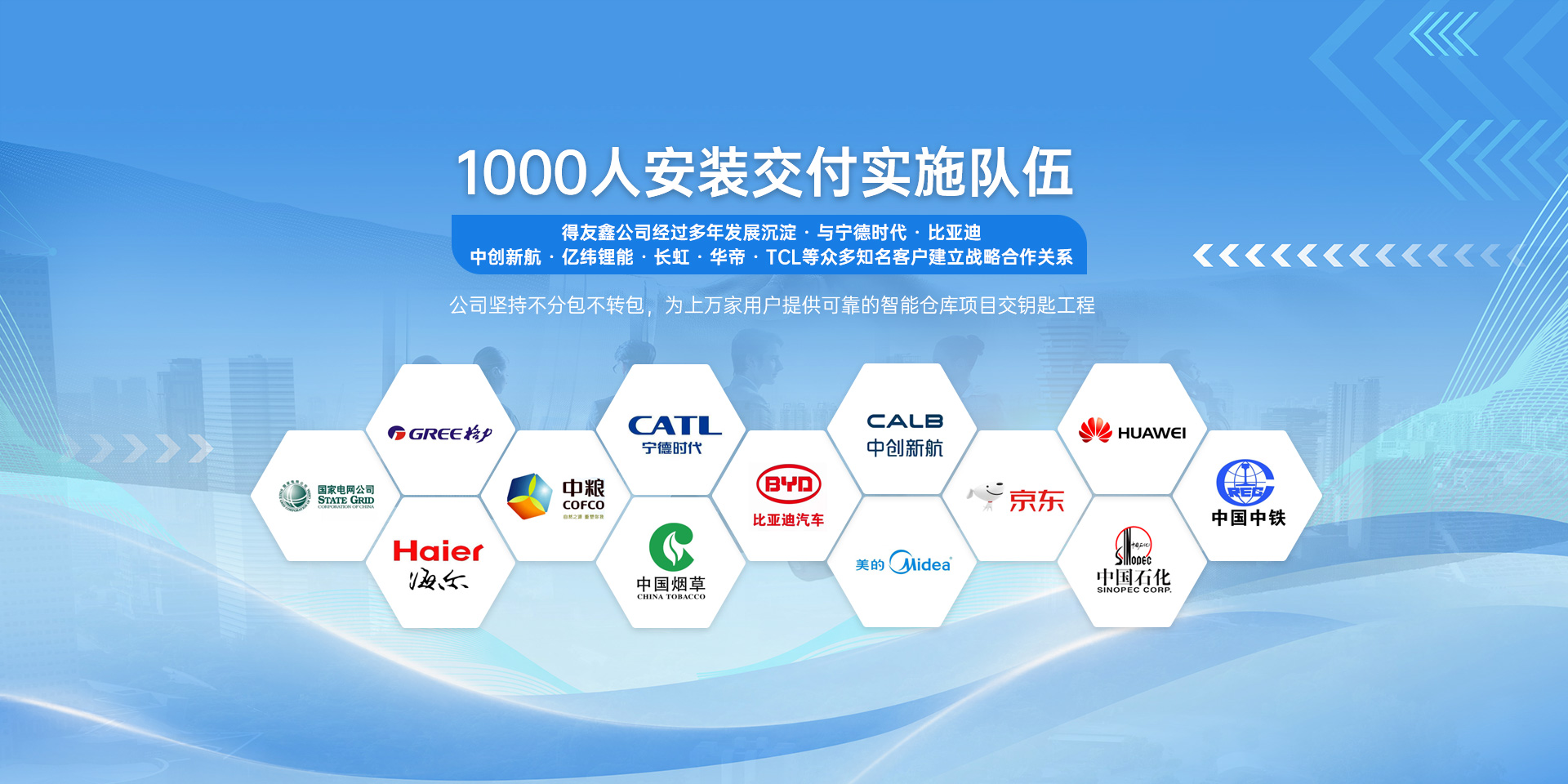 为10000 +客户提供可靠的智能仓库交钥匙工程，得友鑫与宁德时代、比亚迪、中创新航、亿纬锂能、长虹、华帝、TCL等众多知名客户建立战略合作关系。